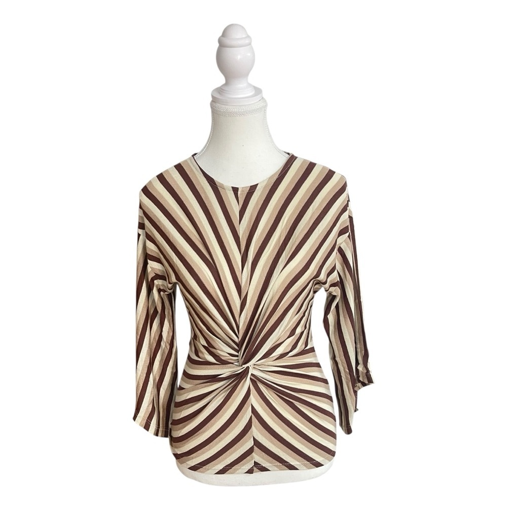 FATE Front Twist Striped Jersey Top Brown Tan Beige